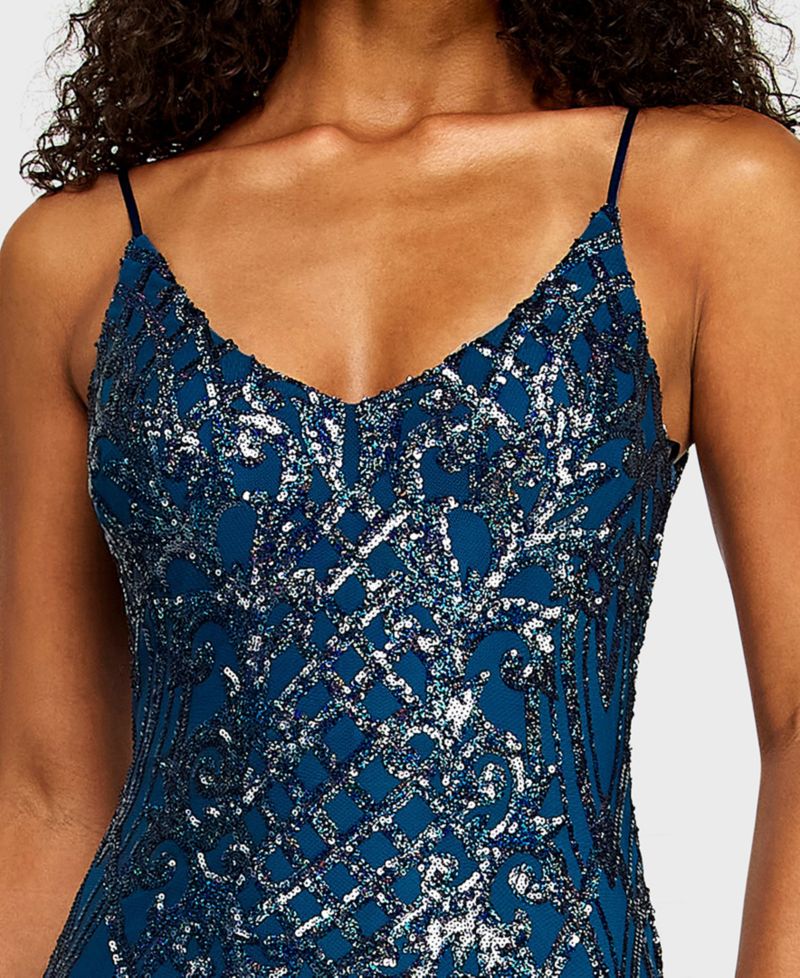 Juniors' V-Neck Pattern Sequin Spaghetti Strap Bodycon Mini Dress