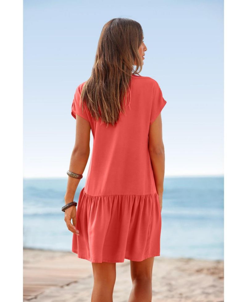 Women's Viscose Printed Flounce Hem Shift Notch-Neck Short Dress