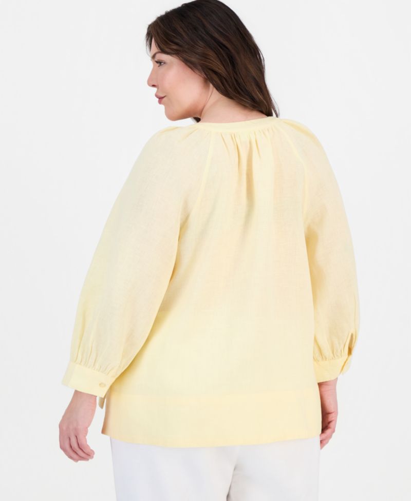 Women's 100% Linen Split-Neck 3/4-Sleeve Blouse