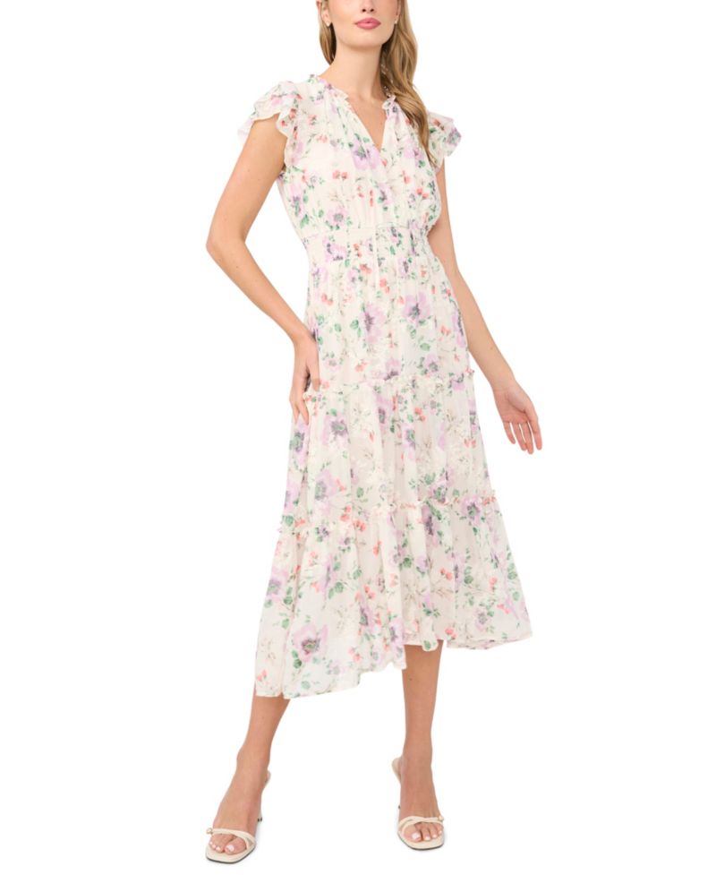 Women's Flutter-Sleeve Smocked Waist Split-Tie Neck Tiered Midi Dress