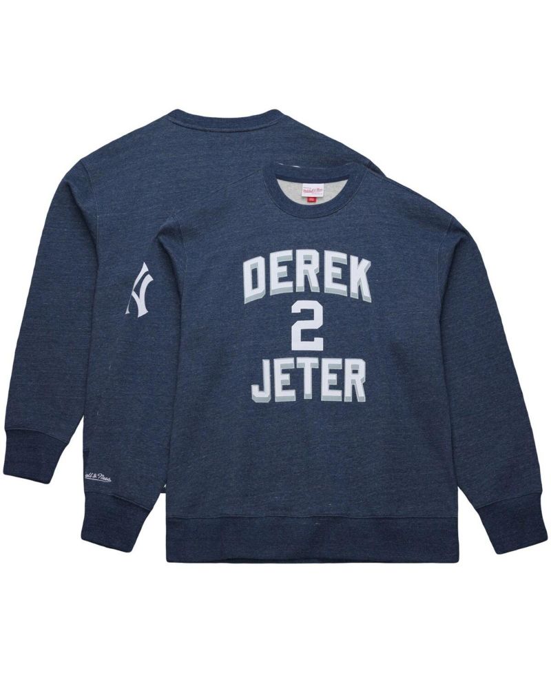 Men's Derek Jeter Heather Navy New York Yankees Legends Collection Vintage Logo Fleece Name & Number Pullover Sweatshirt