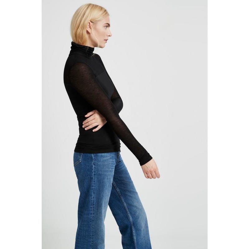 Women's Cara Fitted Turtleneck Top with Sheer Jersey Sleeves