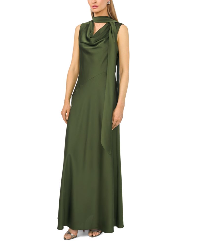 Women's Sleeveless Cowl Neck Scarf-Tie Maxi Dress