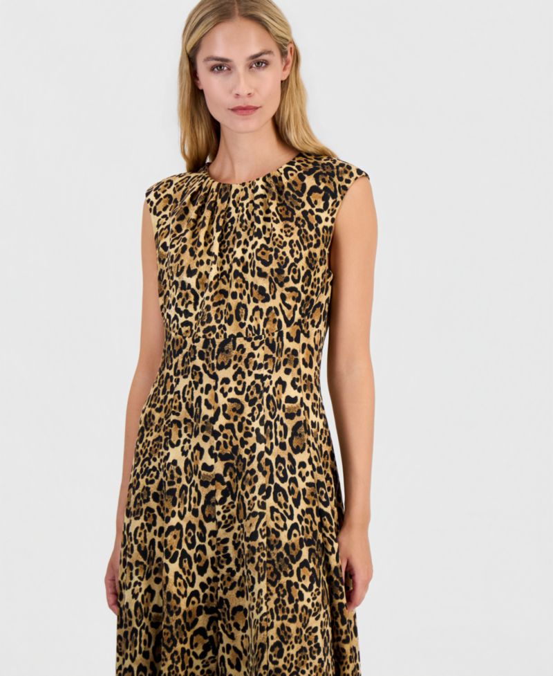 Women's Leopard-Print A-Line Sleeveless Midi Dress