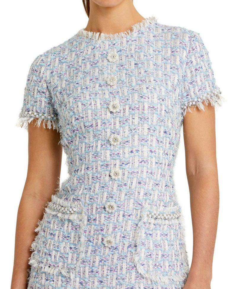 Women's Floral Buttons and Pearl Detailing Boucle Shift Dress