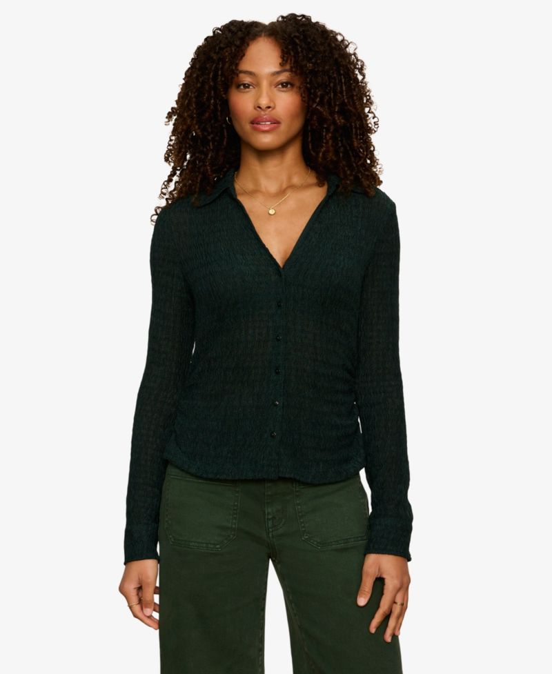 Petite Juno Textured Long-Sleeve Spread Collar Shirt