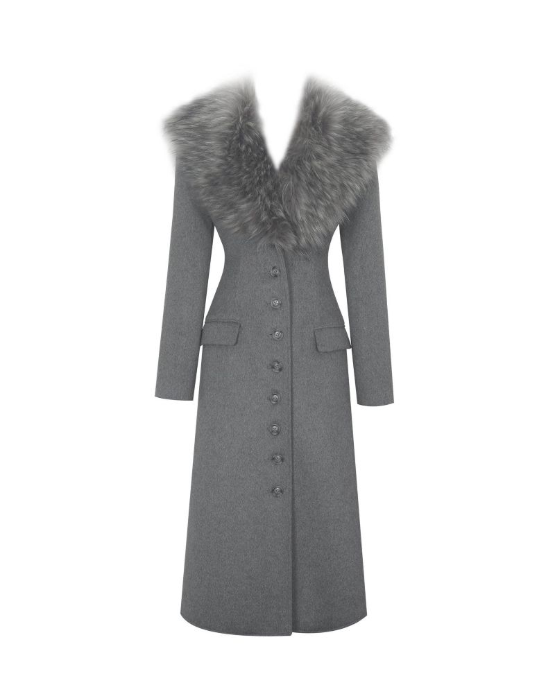 Women's Faye Grey Wool Blend Single-Breasted Coat with Removable Faux Fur Collar