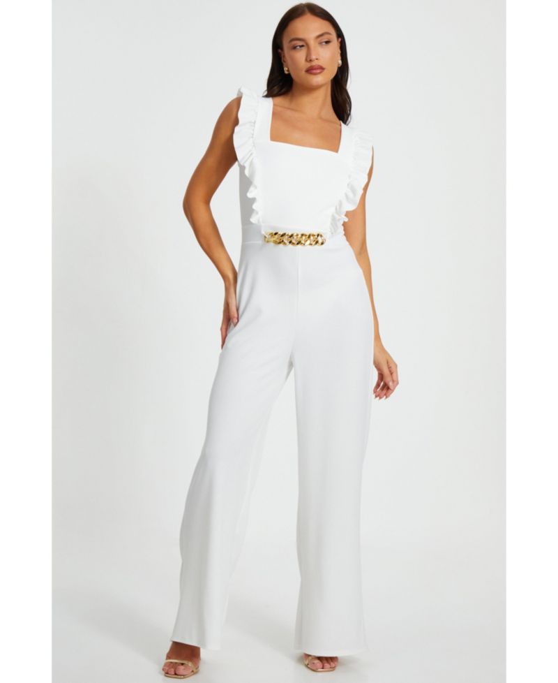 Women's Scuba Crepe Palazzo Frill Chain Jumpsuit - Red