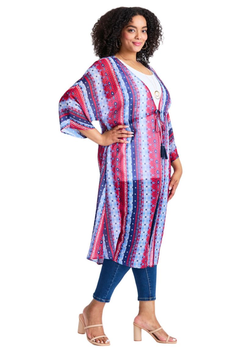 Women's Plus Size Tie-Front Duster Kimono Sweater