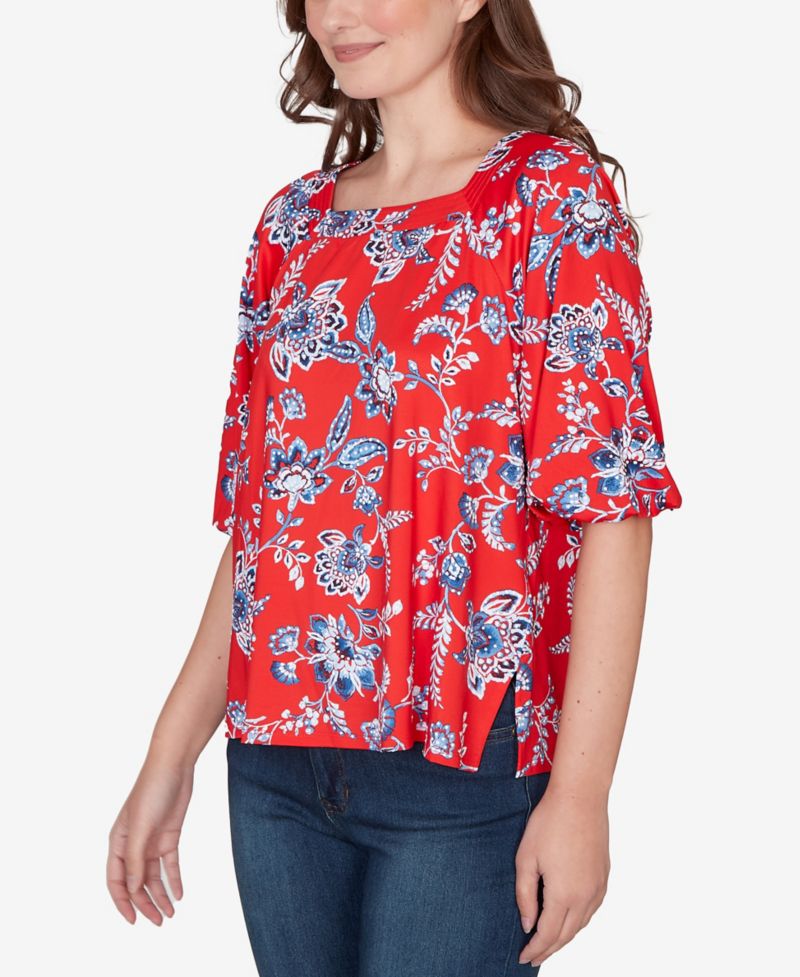 Petite Square Neck Floral Puff Print Top