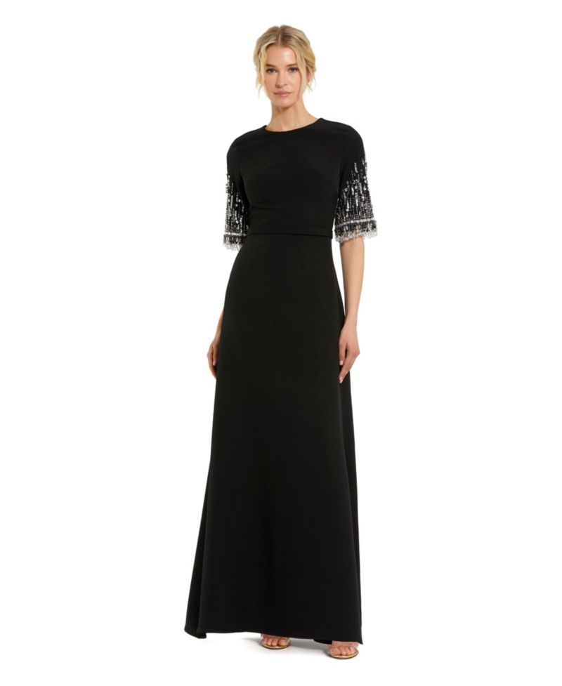 Petite Crepe A Line Gown With Beaded 3/4 Sleeves