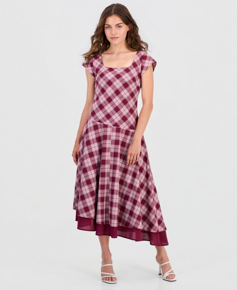 Petite Plaid Asymmetrical Short-Sleeve Maxi Dress