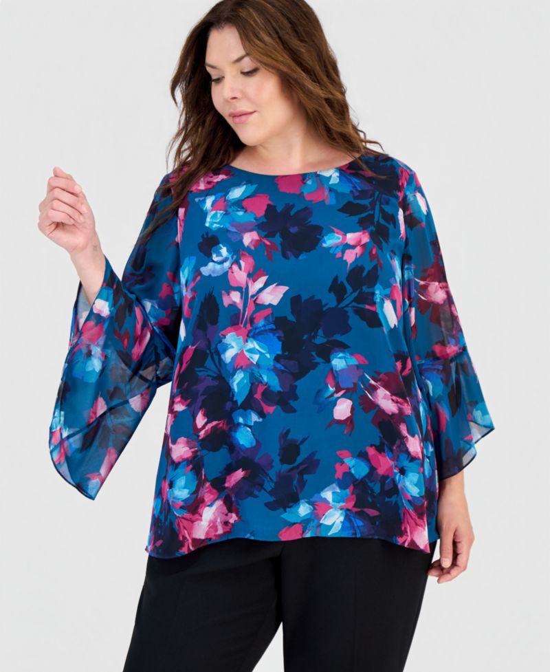 Plus Size Floral-Print Ruffle-Sleeve Blouse
