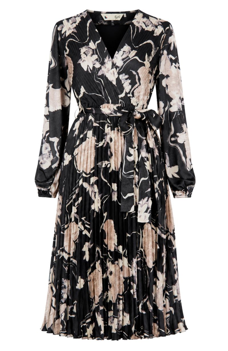 Women's Floral Satin Long Sleeve Midi Dress