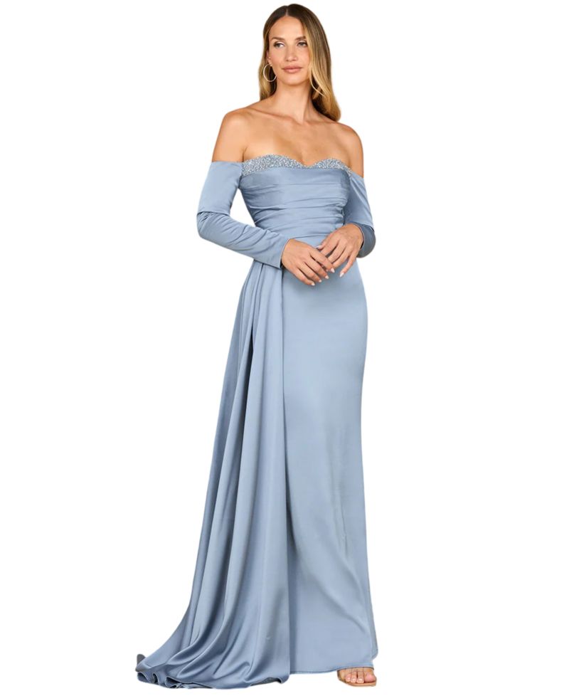Women's Off Shoulder Satin Dress with Beaded Details