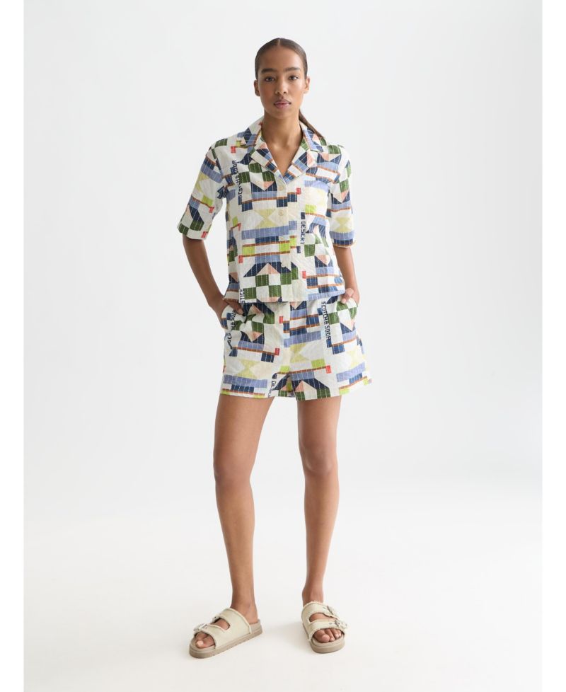 Women's Stitch-Embroidered Printed Short Sleeve Shirt