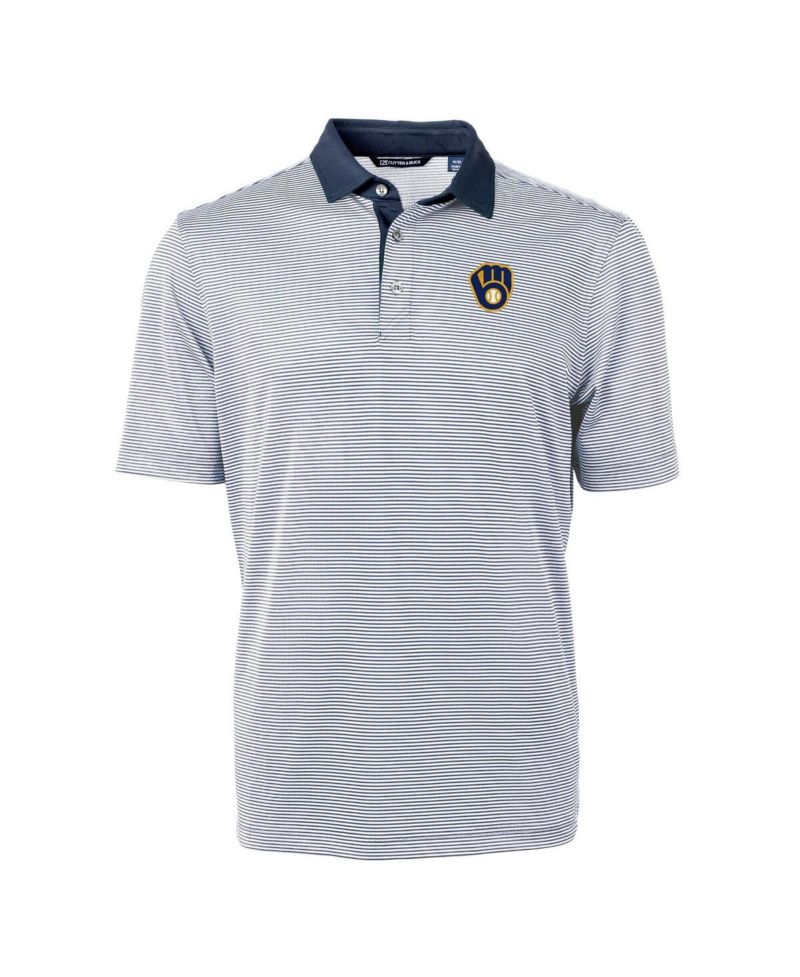 Men's Navy/White Milwaukee Brewers Virtue Eco Pique Micro Stripe Polo Shirt