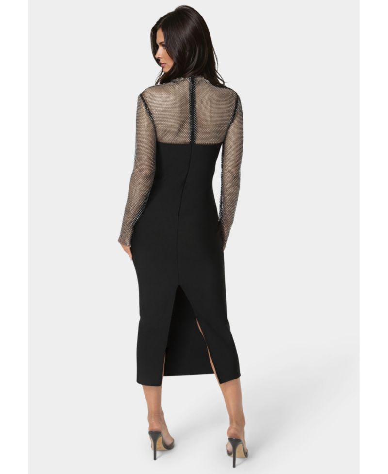 Women's Long Sleeve Midi Dress With Crystal Mesh Combo