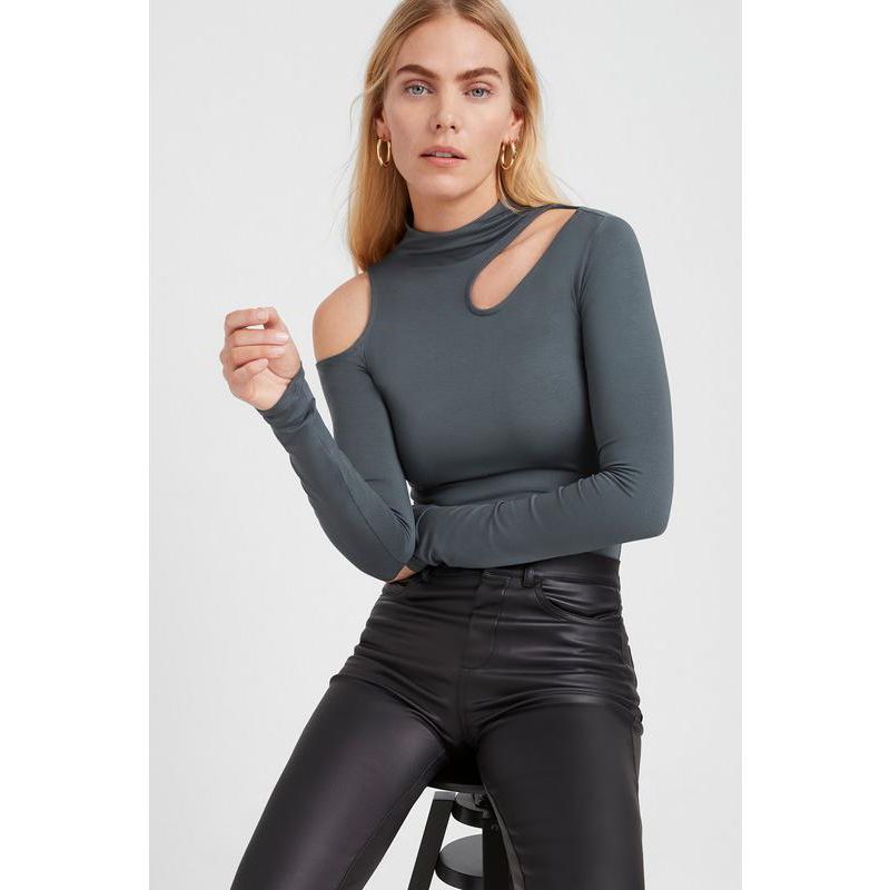 Women's Jones Long-Sleeve Fitted Mock-Neck Jersey Top with Shoulder Cutouts