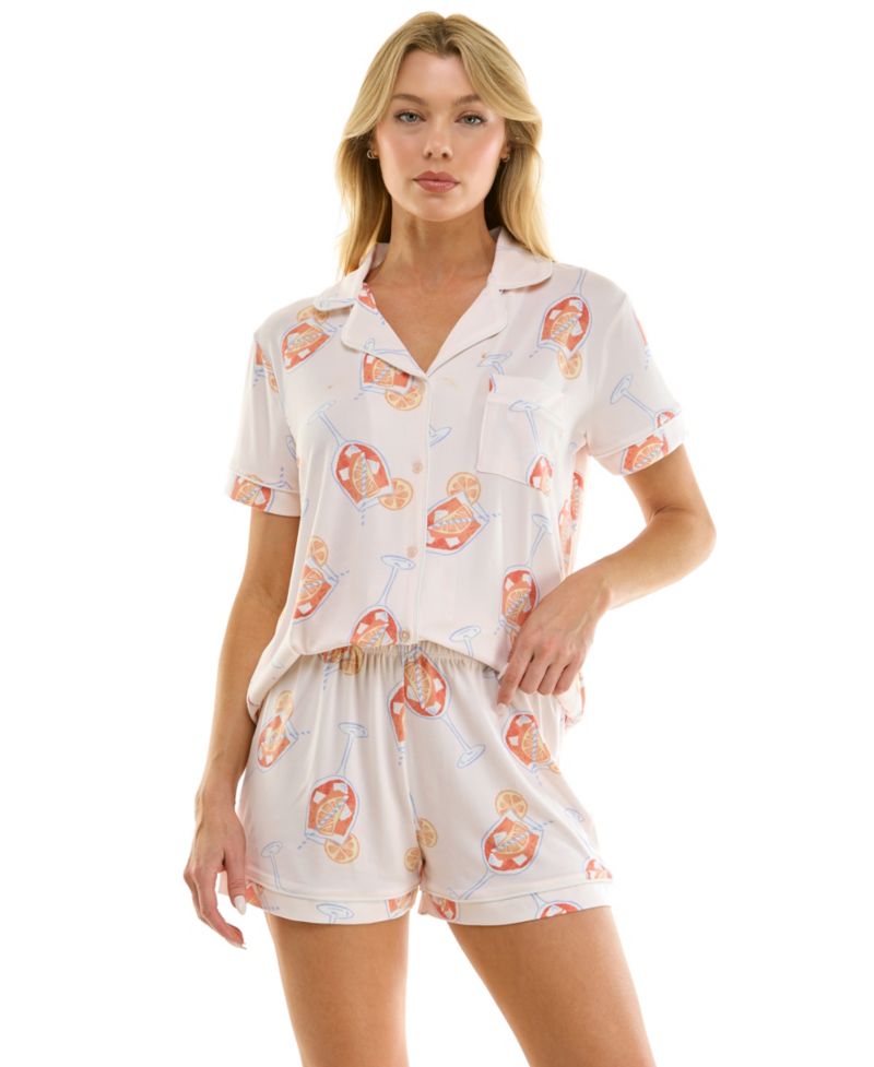 Women's Short-Sleeve Notch Collar Top and Shorts, 2-Piece Set
