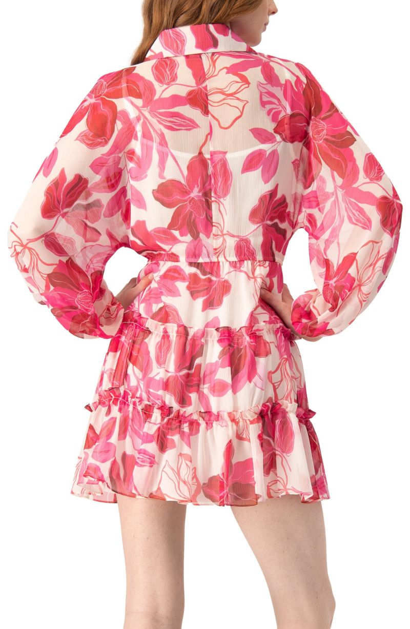 Women's Short Floral Print Shirt Dress with Long Sleeves