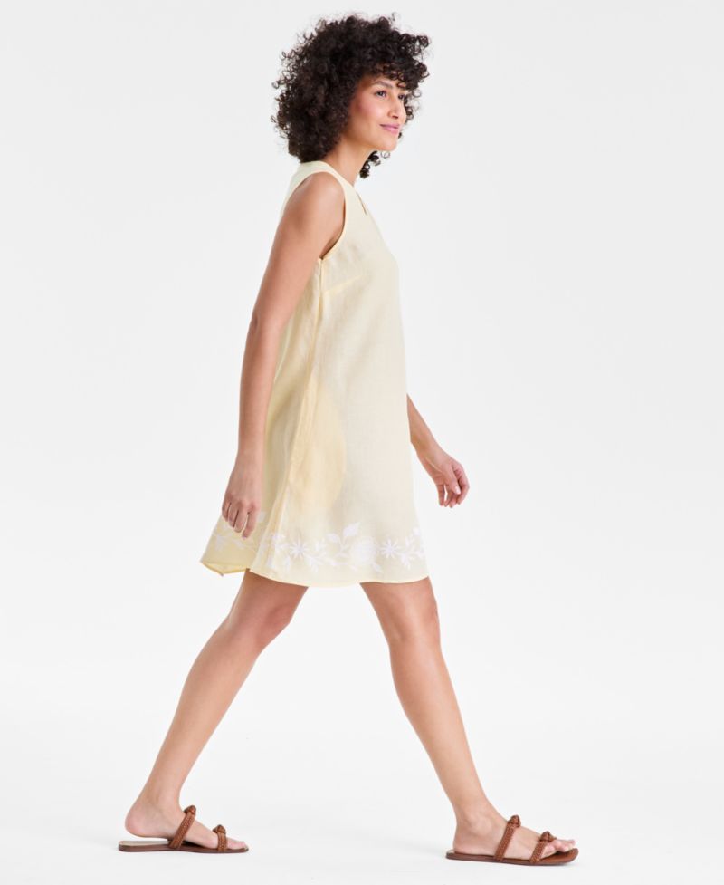 Women's 100% Linen Embroidered-Hem Sleeveless Dress