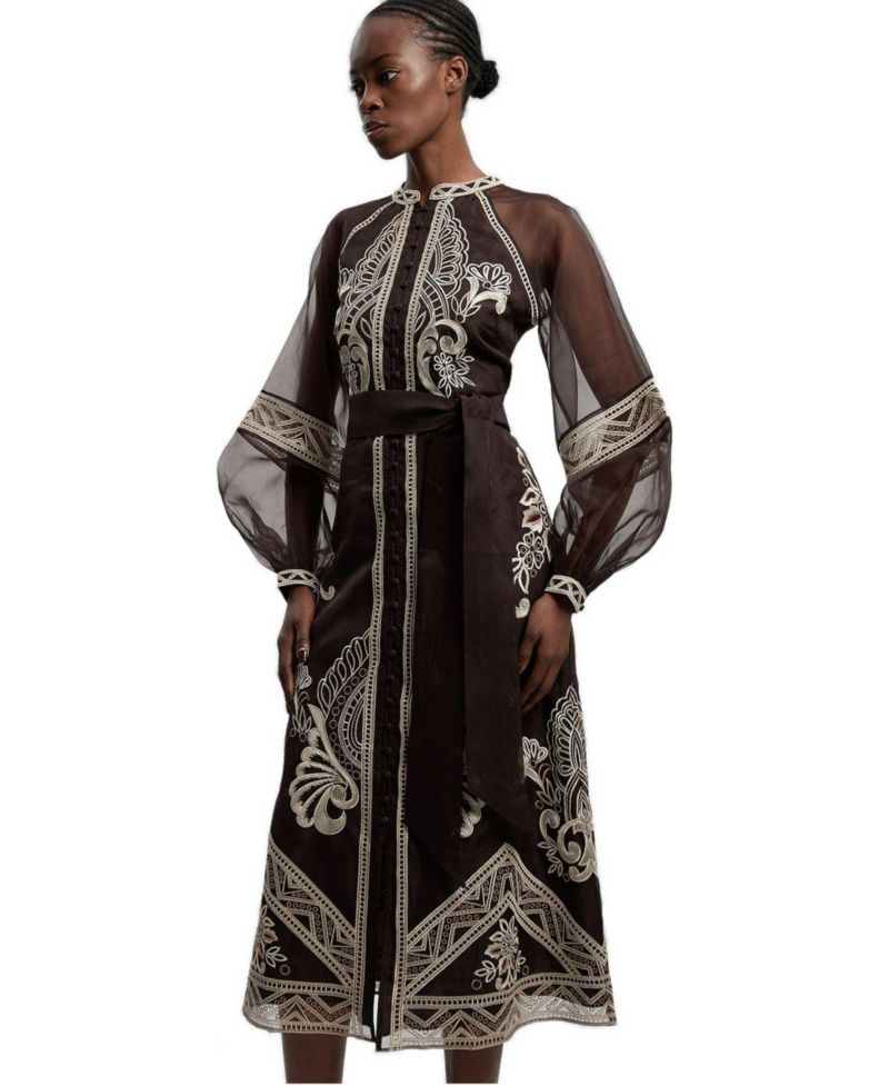 Women's Embroidered Mandarin Collar Midi Dress
