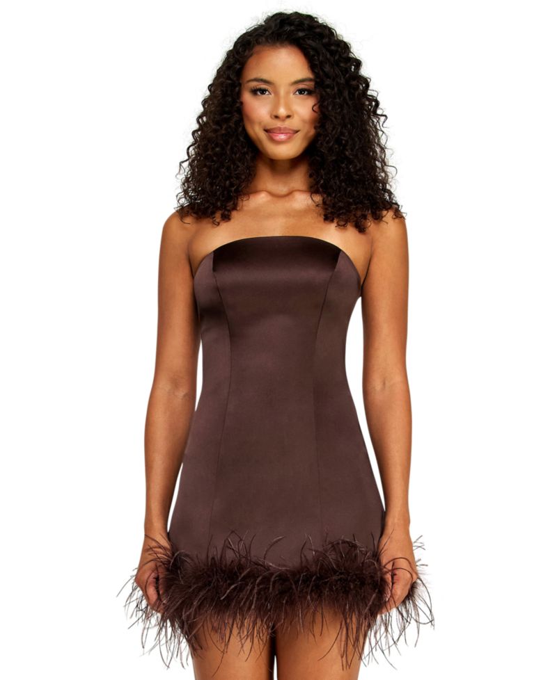 Juniors' Satin Strapless Faux Feathers Trim Detail Dress