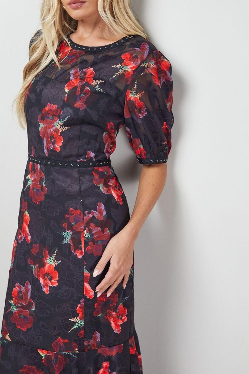 Women's Floral Stud Trim Puff Sleeve Midi Dress