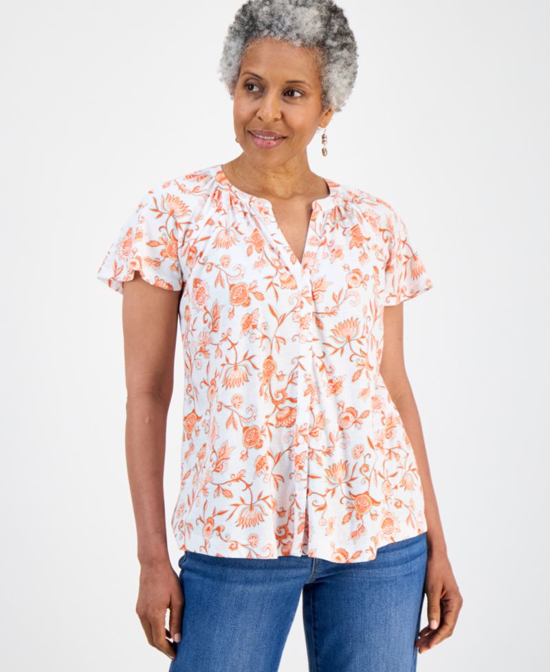 Petite Printed Button-Front Flutter-Sleeve Top