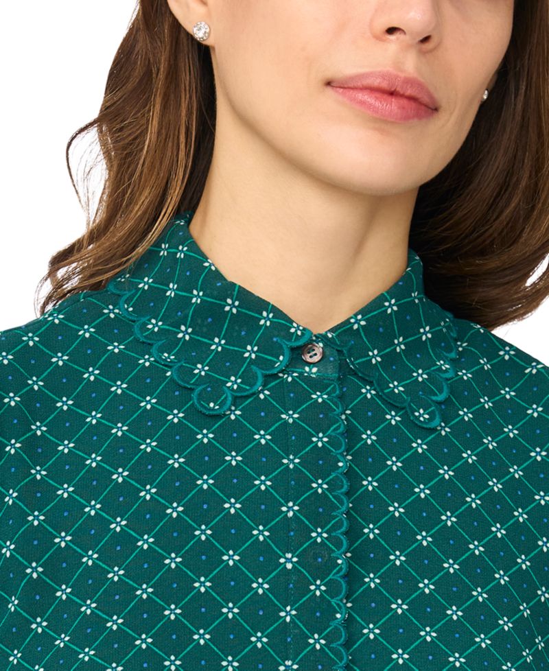 Women's Scallop-Trim Point-Collar Short-Sleeve Button-Up Top