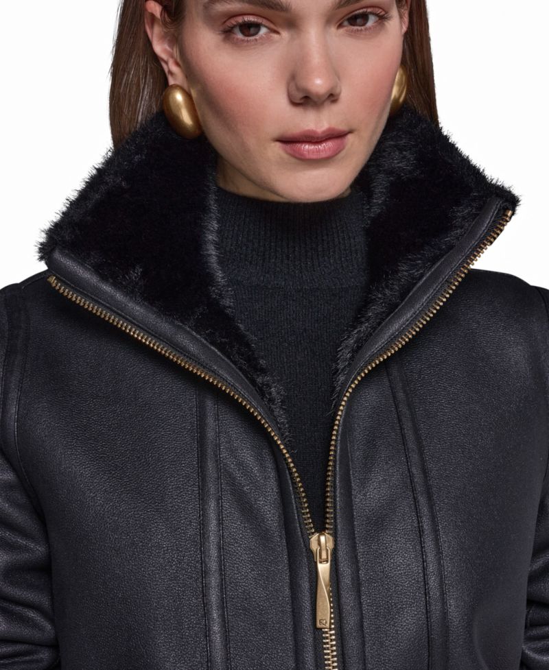 Women's Faux Shearling Long-Sleeve Spread Collar Coat