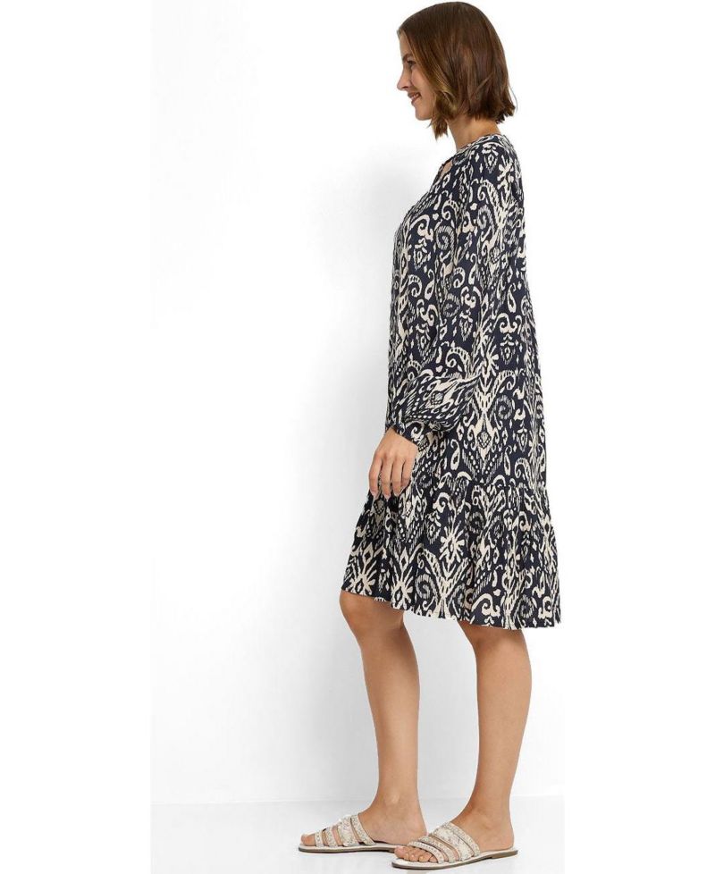 Women's Viscose Printed Tunic Ruffle-Trim Notch-Neck Short Dress