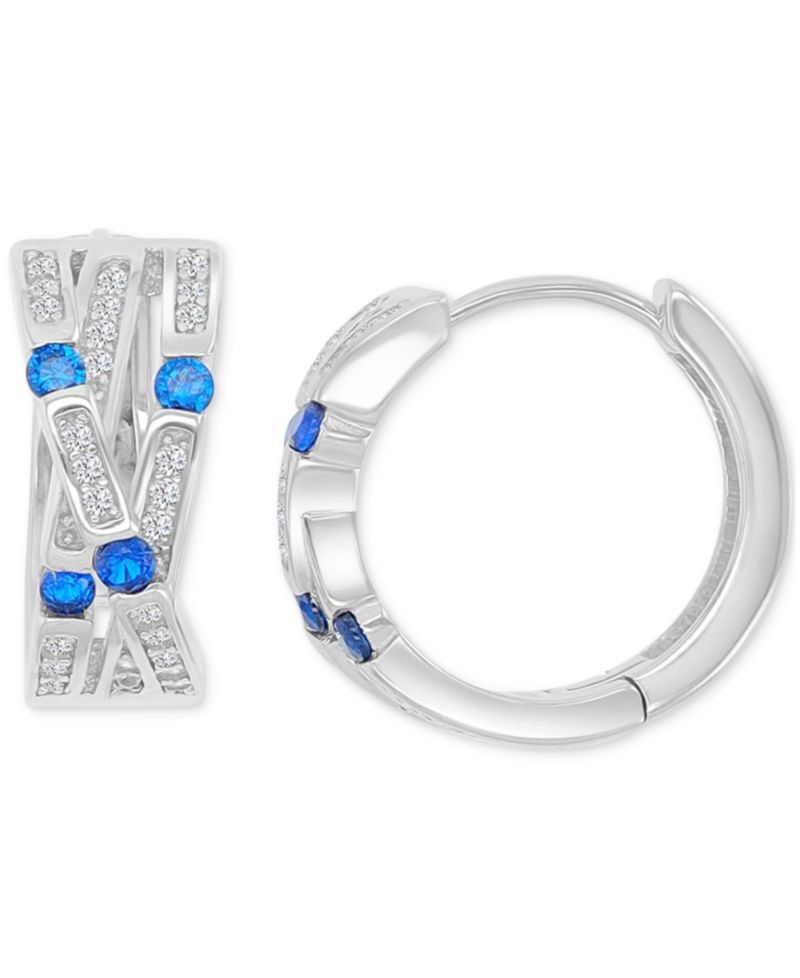 Blue Cubic Zirconia Pav&eacute; Three-Row Overlapped Huggie Earrings in Sterling Silver