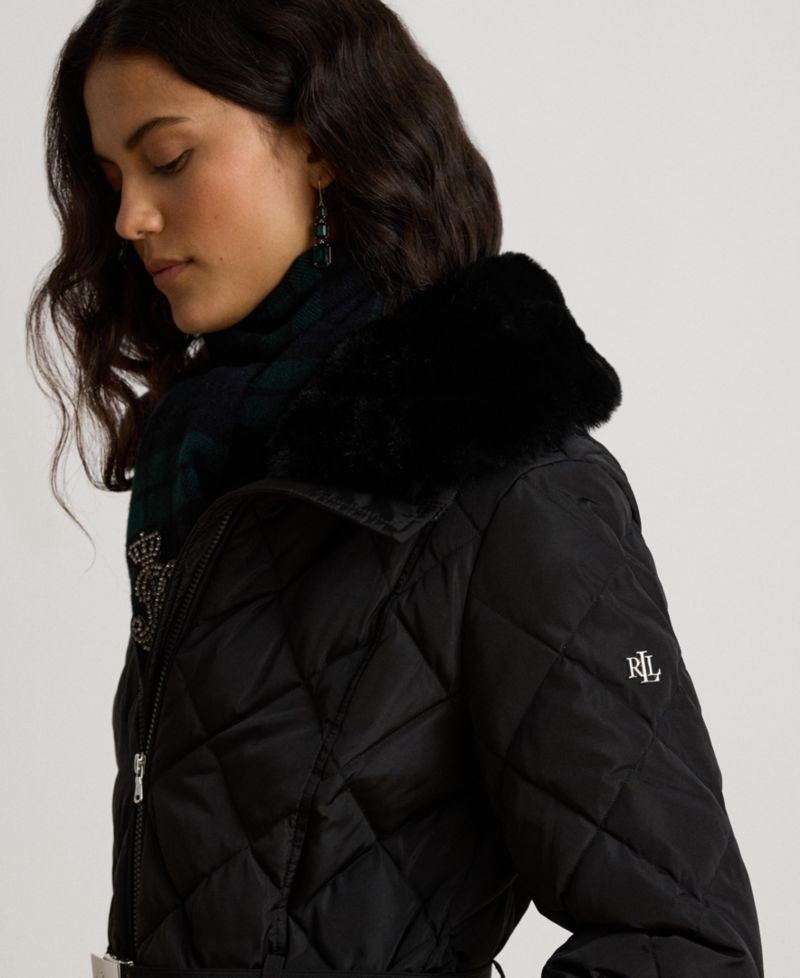 Women's Belted Quilt with Faux Fur Collar Coat