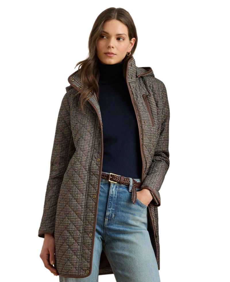Petite Hooded Quilted Faux-Suede-Trim Coat