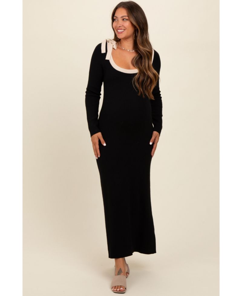 Women's Black Shoulder Bow Detail Maxi Sweater Dress