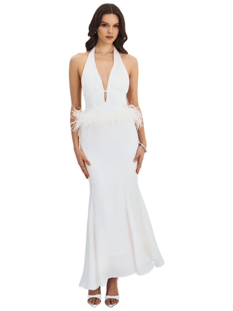 Women Solene Pleated Halter Backless Feather-Trim Maxi Dress