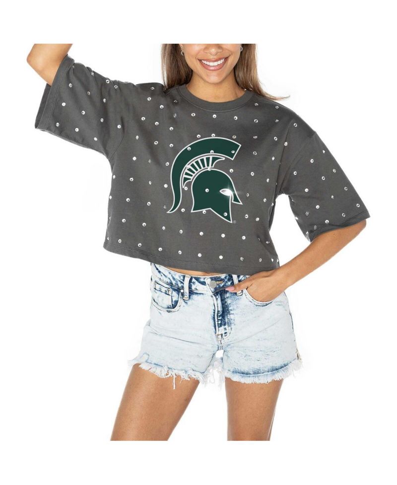 Women's Gray Michigan State Spartans Go Time Rhinestone Crop T-Shirt
