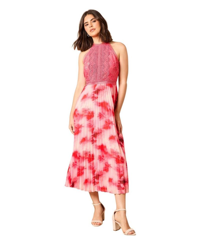 Women's Printed Lace Mix Halterneck Midi Dress