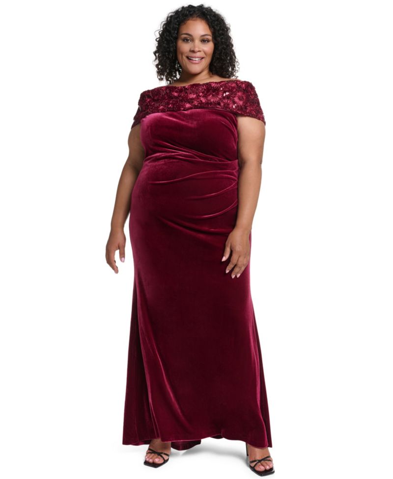 Plus Size Off-the-Shoulder Sequined Long Dress