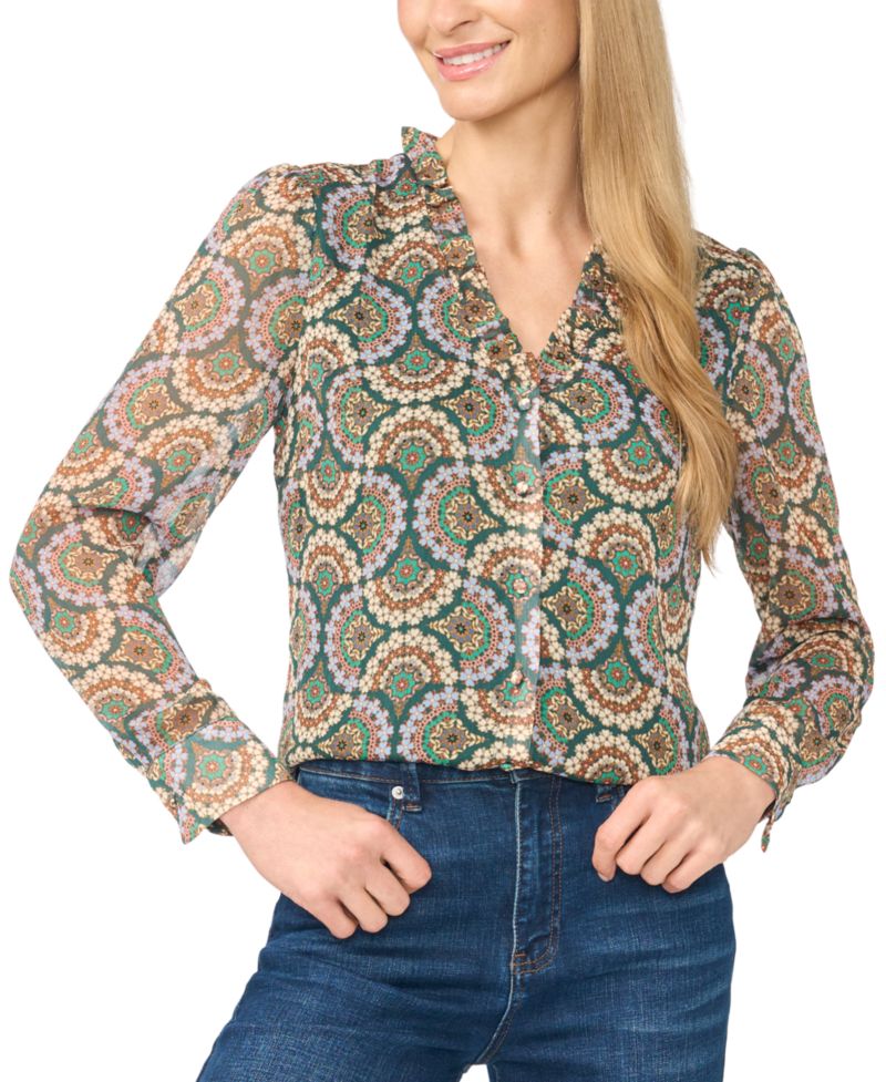 Women's Ruffle Button-Front V-Neck Blouse