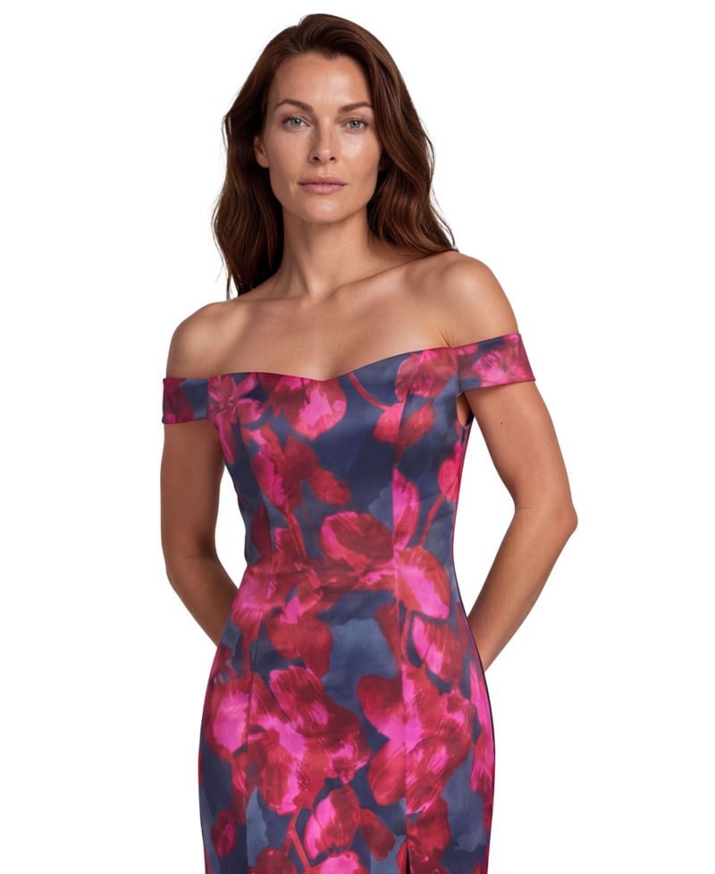Women's Off-the-Shoulder Floral-Print Scuba Gown