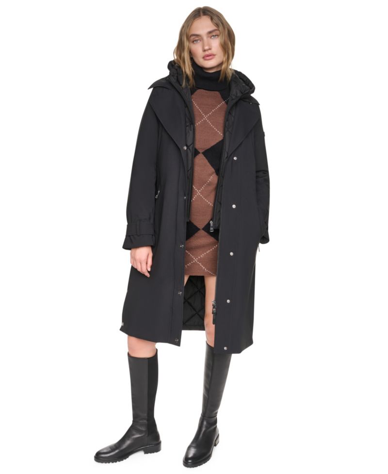 Women's Belted Trench with Hooded Bib Coat