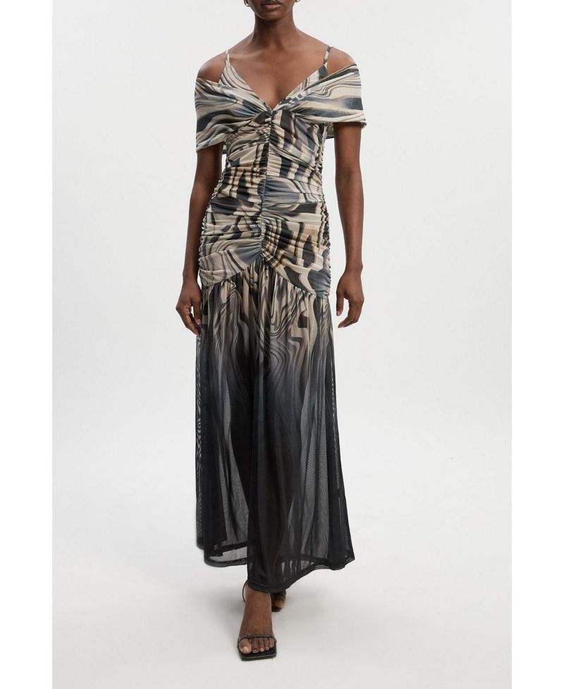Women's Marble Print Mesh Plunge Maxi Dress