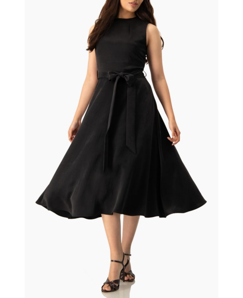 Women's Sleeveless Tie-Waist A-Line Midi Fit-and-Flare Dress with Sash Belt