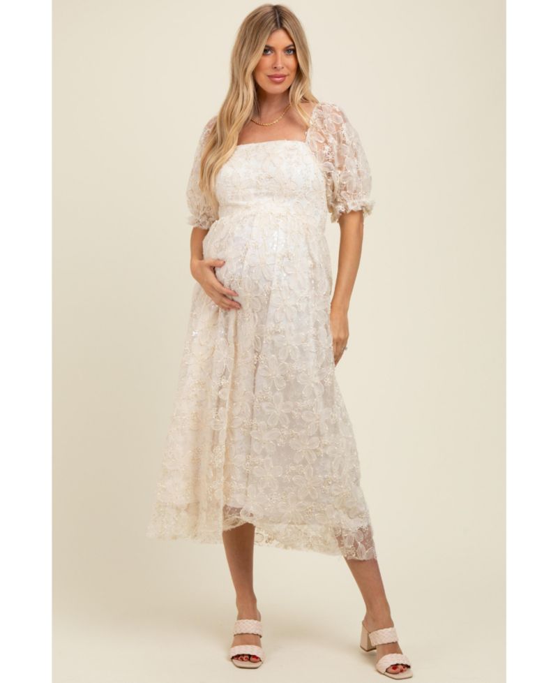 Women's Cream Floral Mesh Overlay Tie Back Midi Dress