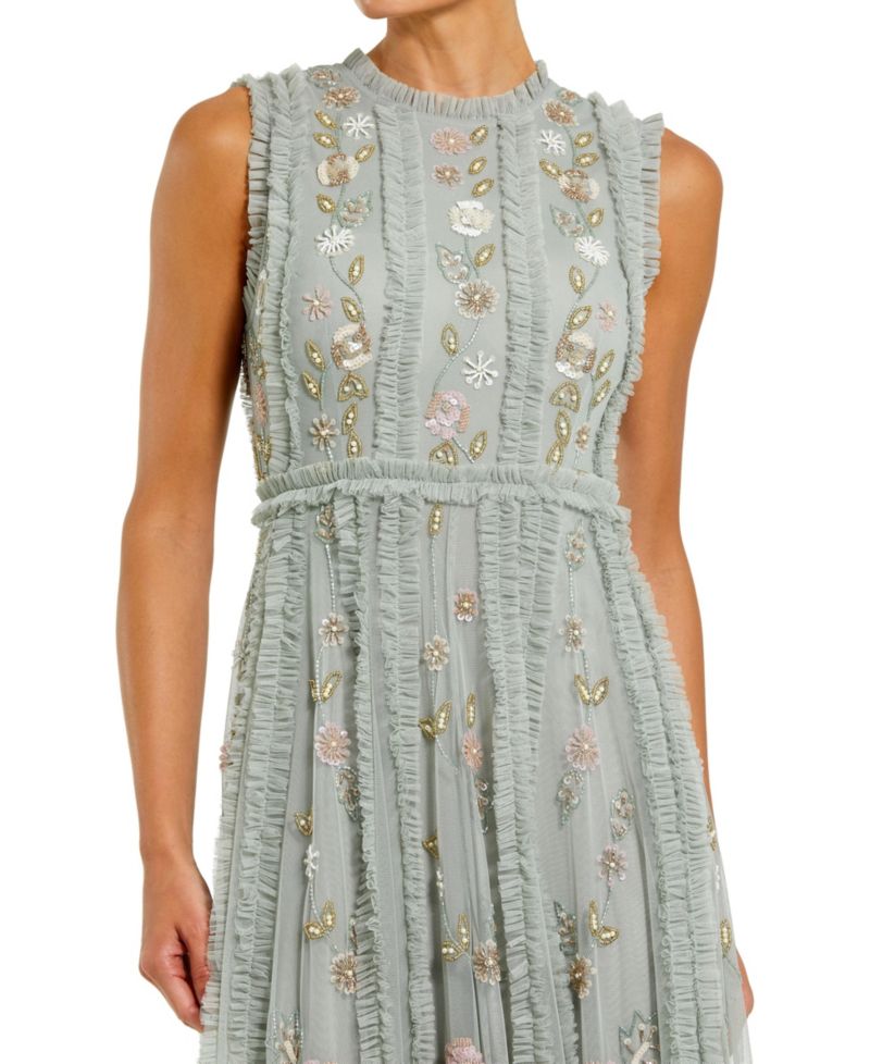 Women's Floral Mesh Sleeveless A Line Micro Ruffle Gown