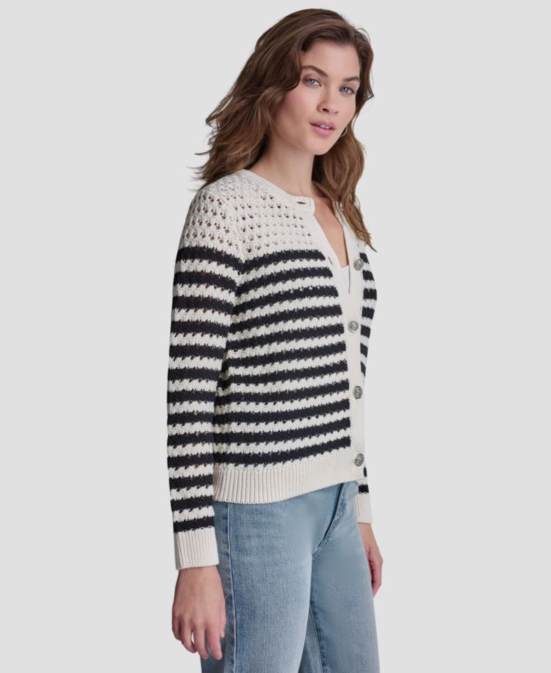 Petite Long-Sleeve Stripe Pointelle Stitch Cardigan