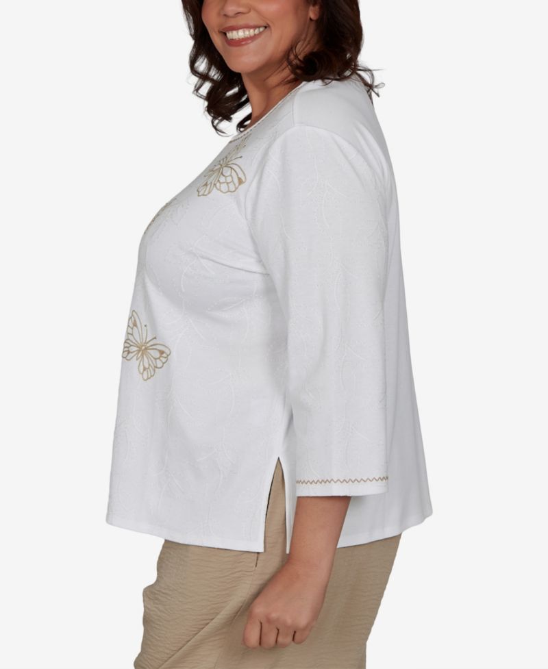 Plus Size Travel Advisory Floral-Embroidered 3/4-Sleeve Top
